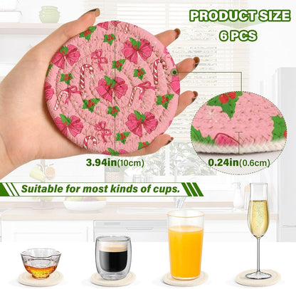 Pink Christmas Bows Pattern Coasters Set of 6 - with Holder, Coasters for Drinks, Woven Coaster Set for Home Decor Tabletop Protection Suitable for Kinds of Cups, 3.94 Inch