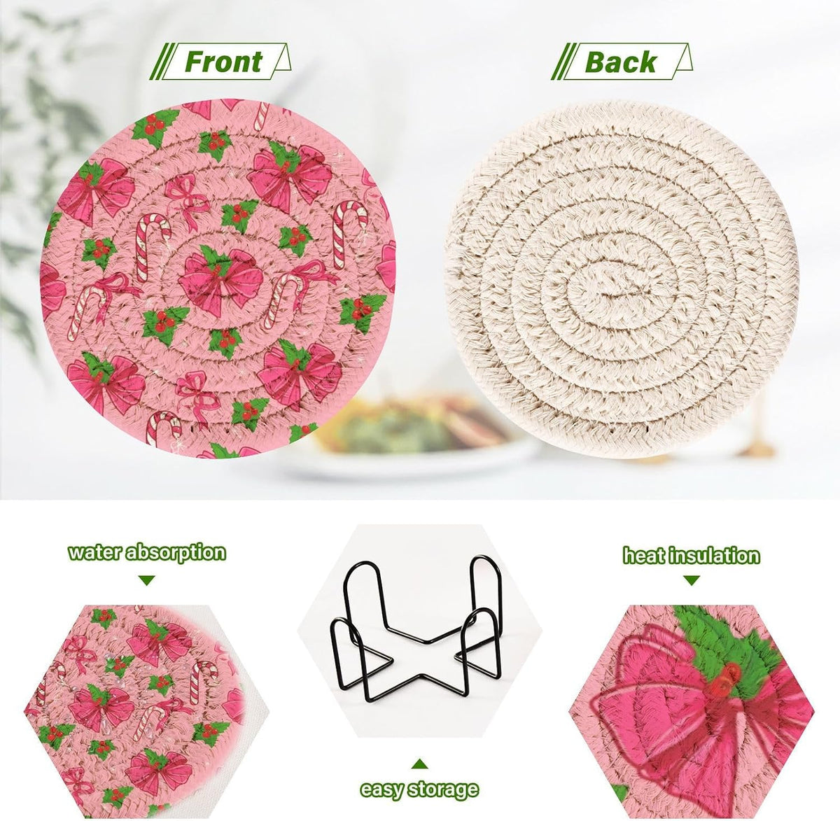 Pink Christmas Bows Pattern Coasters Set of 6 - with Holder, Coasters for Drinks, Woven Coaster Set for Home Decor Tabletop Protection Suitable for Kinds of Cups, 3.94 Inch