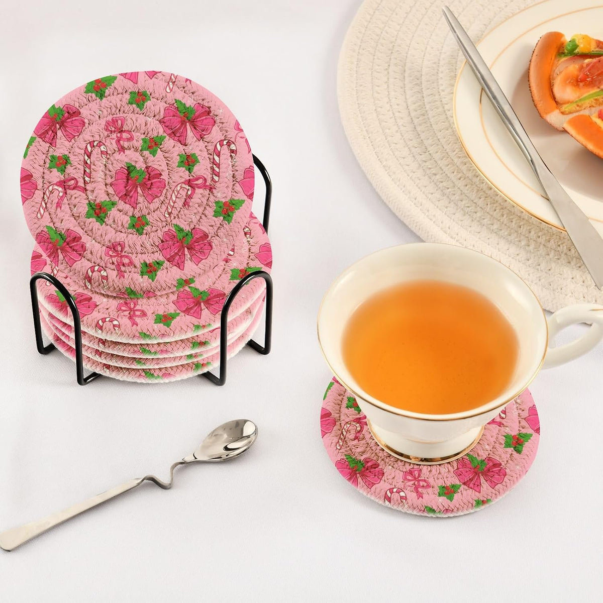 Pink Christmas Bows Pattern Coasters Set of 6 - with Holder, Coasters for Drinks, Woven Coaster Set for Home Decor Tabletop Protection Suitable for Kinds of Cups, 3.94 Inch