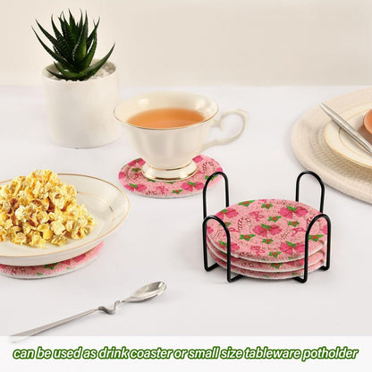 Pink Christmas Bows Pattern Coasters Set of 6 - with Holder, Coasters for Drinks, Woven Coaster Set for Home Decor Tabletop Protection Suitable for Kinds of Cups, 3.94 Inch