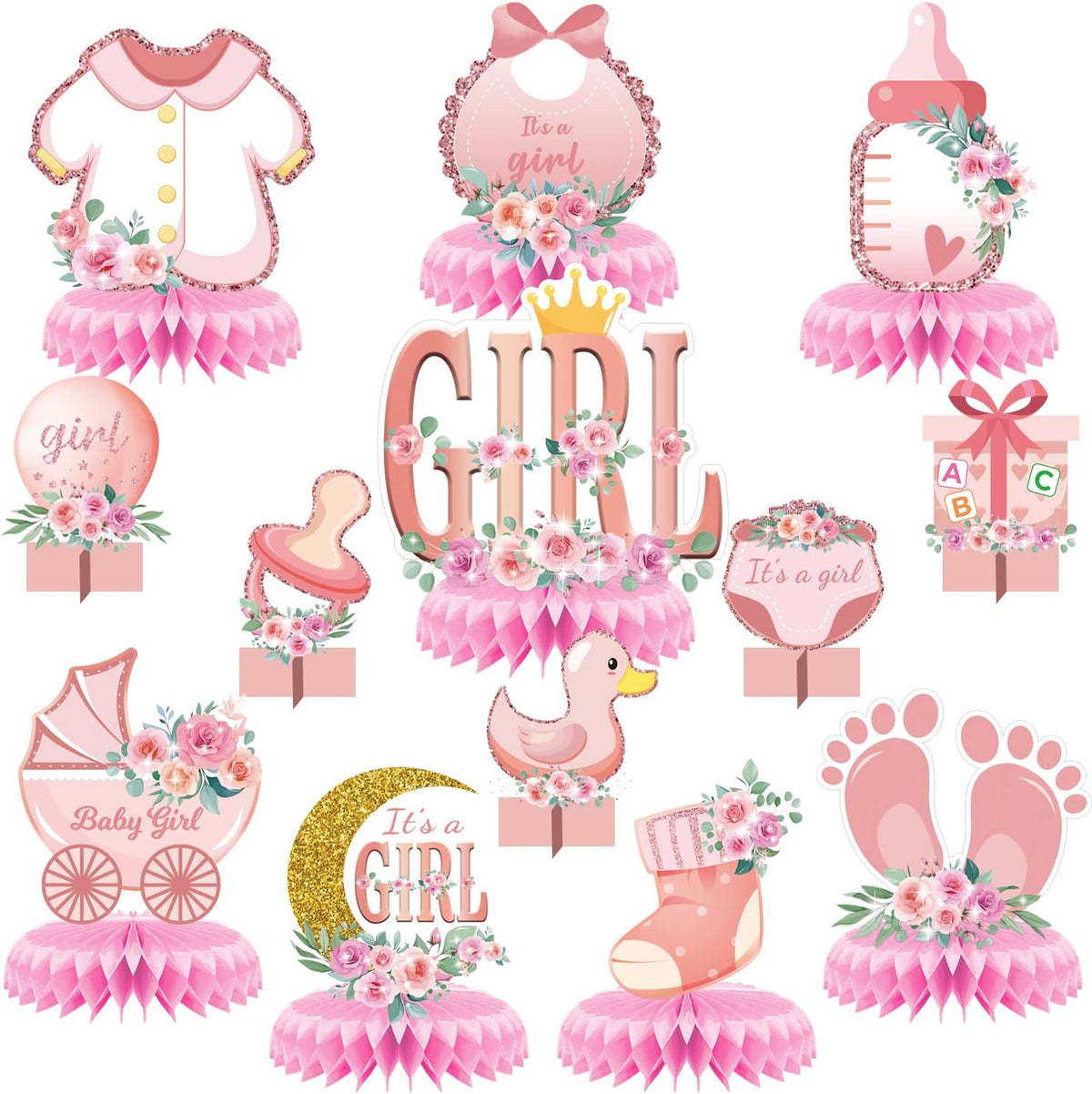 13 Pcs Pink Baby Shower Centerpiece for Girls - Honeycomb Decorations for Tables