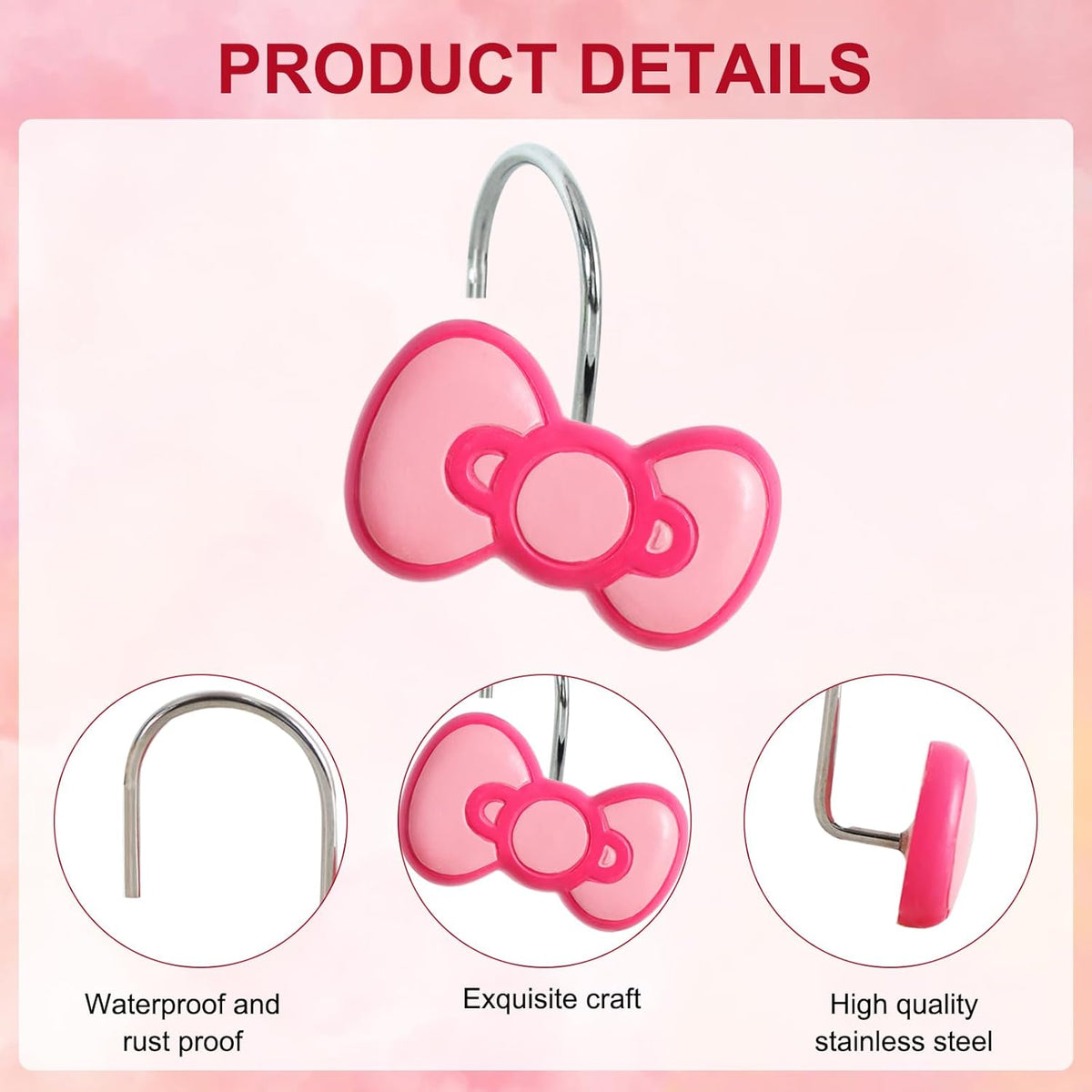 12-Piece Pink Bow Shower Curtain Hooks for Bathroom