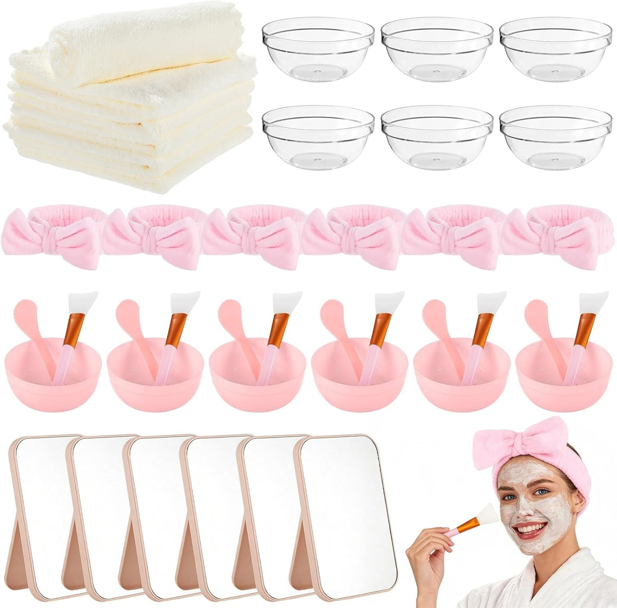 6 Sets Pink Spa Party Supplies for Women, Facial Mask Bowl with Brush Spatula Headband Towel and Folding Mirror, DIY Spa Kit for Sleepover Bridal Shower Slumber Party Favor