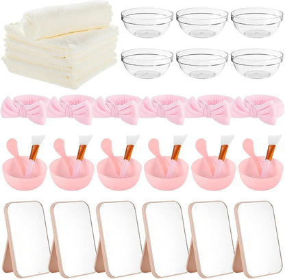 6 Sets Pink Spa Party Supplies for Women, Facial Mask Bowl with Brush Spatula Headband Towel and Folding Mirror, DIY Spa Kit for Sleepover Bridal Shower Slumber Party Favor