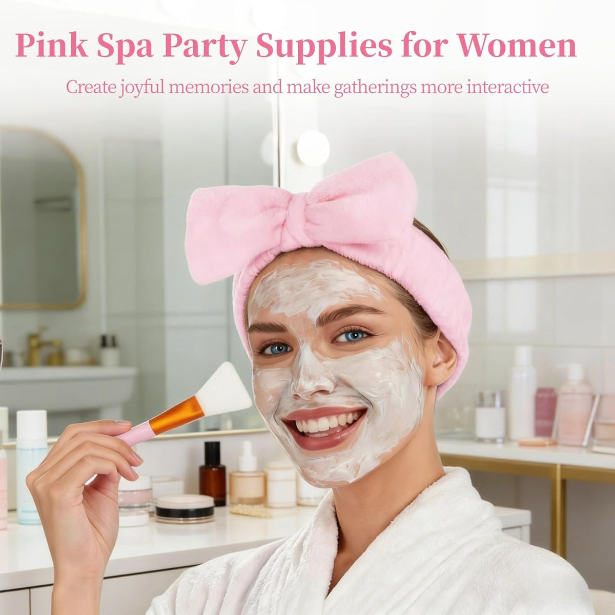 6 Sets Pink Spa Party Supplies for Women, Facial Mask Bowl with Brush Spatula Headband Towel and Folding Mirror, DIY Spa Kit for Sleepover Bridal Shower Slumber Party Favor