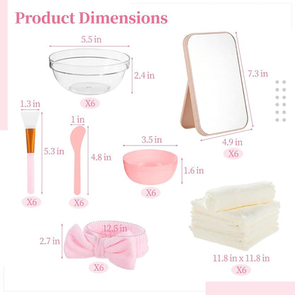 6 Sets Pink Spa Party Supplies for Women, Facial Mask Bowl with Brush Spatula Headband Towel and Folding Mirror, DIY Spa Kit for Sleepover Bridal Shower Slumber Party Favor