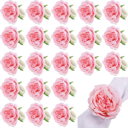 24 Pcs Flower Napkin Rings Peony Floral Handmade Napkin Holder Rings Handicraft Holder for Table Decorations Wedding Holiday Banquet Luncheons Birthday Party Picnics Supplies(Pink)