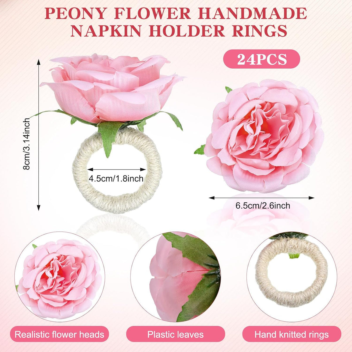 24 Pcs Flower Napkin Rings Peony Floral Handmade Napkin Holder Rings Handicraft Holder for Table Decorations Wedding Holiday Banquet Luncheons Birthday Party Picnics Supplies(Pink)