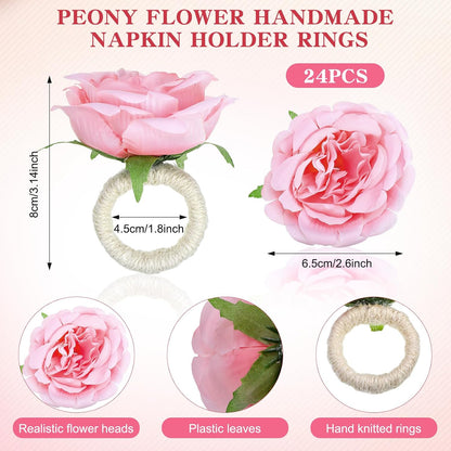 24 Pcs Flower Napkin Rings Peony Floral Handmade Napkin Holder Rings Handicraft Holder for Table Decorations Wedding Holiday Banquet Luncheons Birthday Party Picnics Supplies(Pink)