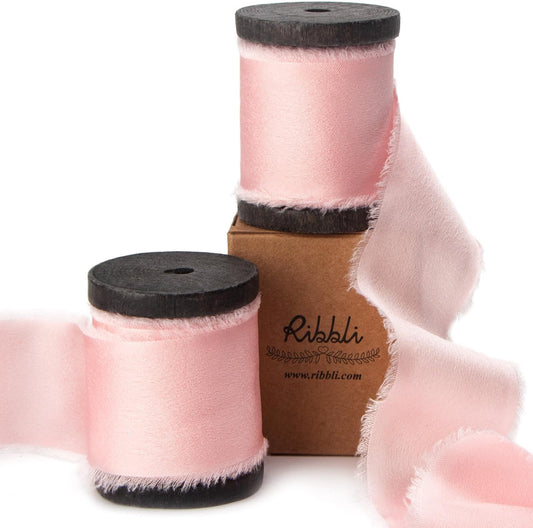 Light Pink Silk Satin Ribbon 1.5 Inch x 12 Yard Handmade Frayed Chiffon Ribbon with Wooden Spool for Gift Wrapping, Wedding Invitations, Bridal Bouquets, Home Decor
