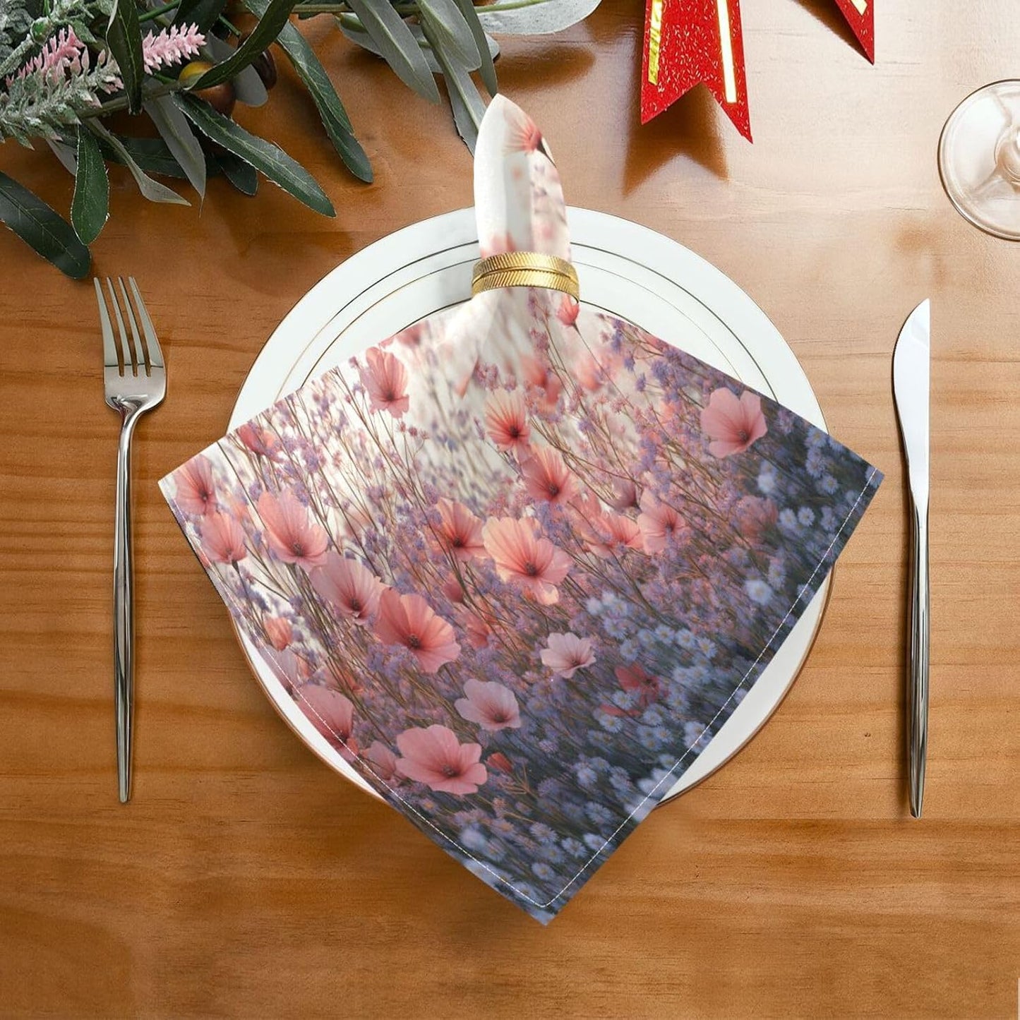 Blueangle Pink Wild Flowers Cloth Napkins, Set of 1,20x20 Inch Heavy Duty Fabric for Holiday Parties & Dinner Table Decor（7）