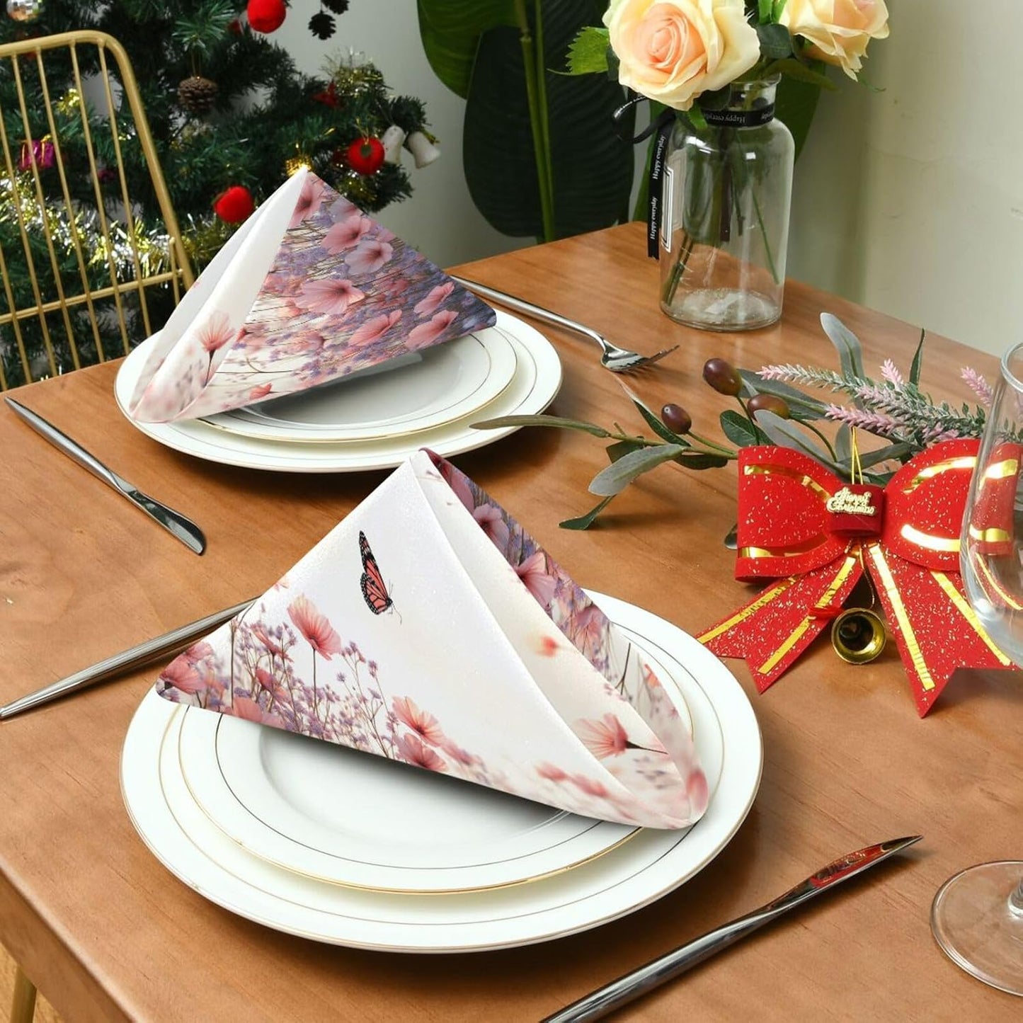 Blueangle Pink Wild Flowers Cloth Napkins, Set of 1,20x20 Inch Heavy Duty Fabric for Holiday Parties & Dinner Table Decor（7）