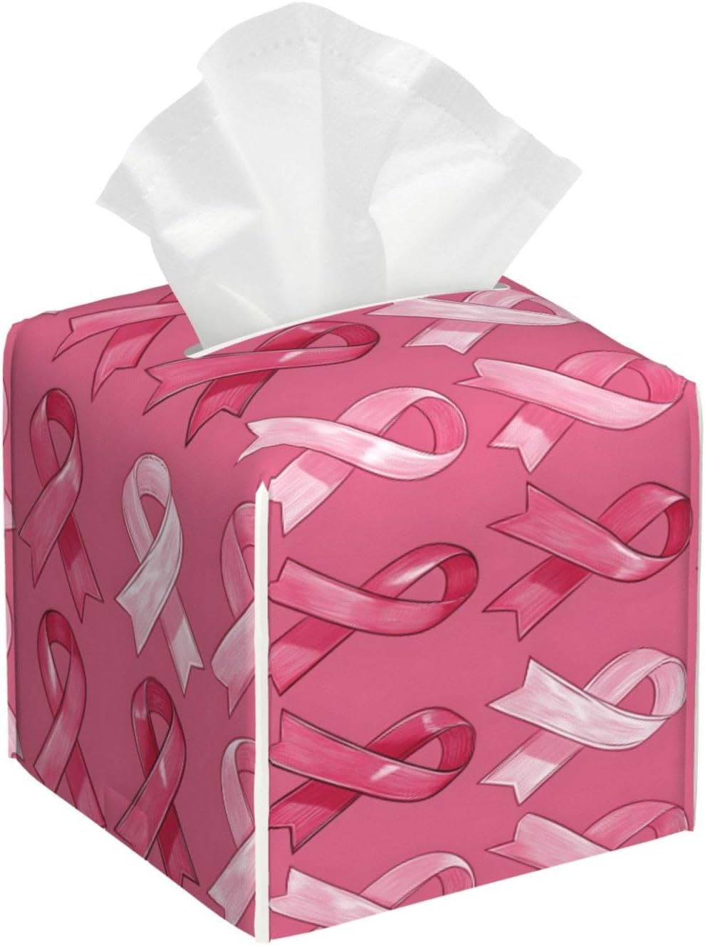 Pink Ribbon Print Tissue Box Cover Holder Cube, Foldable Leather Tissue Box Cover Square, Modern Decorative Organizer for Tabletop Bathroom Car Office Desk Decor