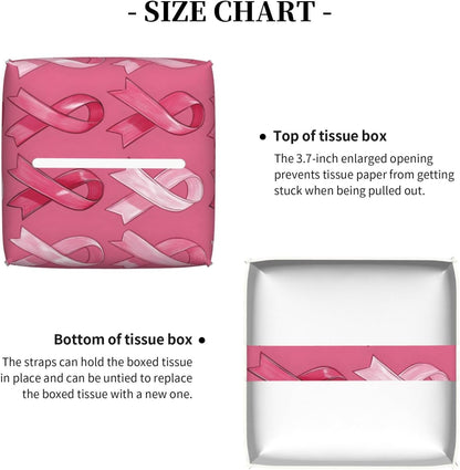 Pink Ribbon Print Tissue Box Cover Holder Cube, Foldable Leather Tissue Box Cover Square, Modern Decorative Organizer for Tabletop Bathroom Car Office Desk Decor