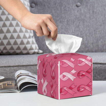 Pink Ribbon Print Tissue Box Cover Holder Cube, Foldable Leather Tissue Box Cover Square, Modern Decorative Organizer for Tabletop Bathroom Car Office Desk Decor