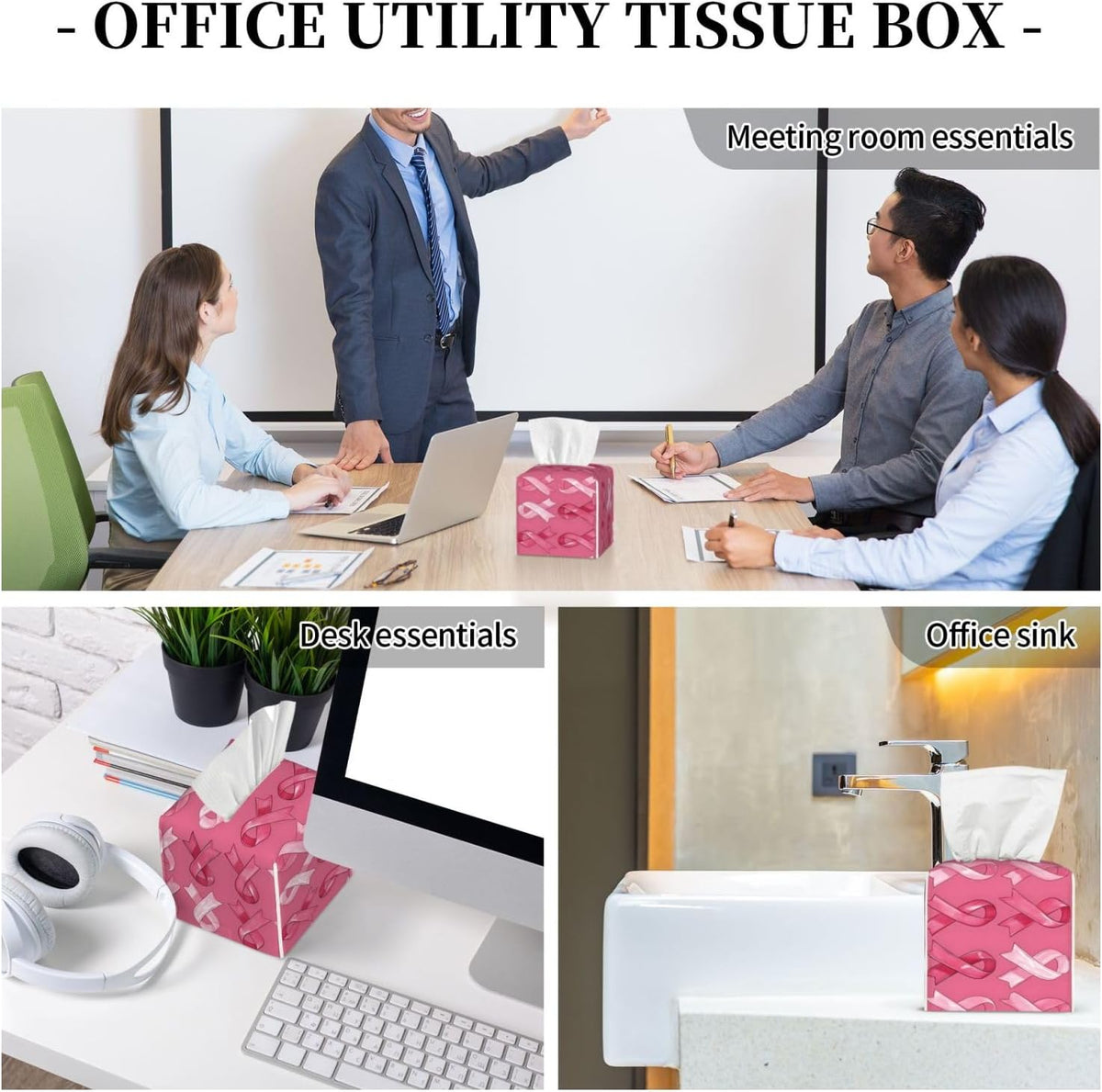 Pink Ribbon Print Tissue Box Cover Holder Cube, Foldable Leather Tissue Box Cover Square, Modern Decorative Organizer for Tabletop Bathroom Car Office Desk Decor