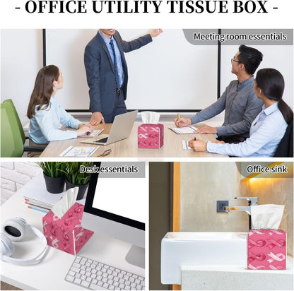 Pink Ribbon Print Tissue Box Cover Holder Cube, Foldable Leather Tissue Box Cover Square, Modern Decorative Organizer for Tabletop Bathroom Car Office Desk Decor