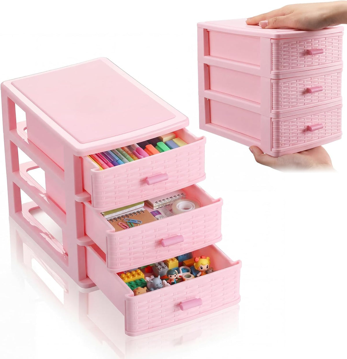 Small Storage Desk Wicker Weave Drawer, Pink