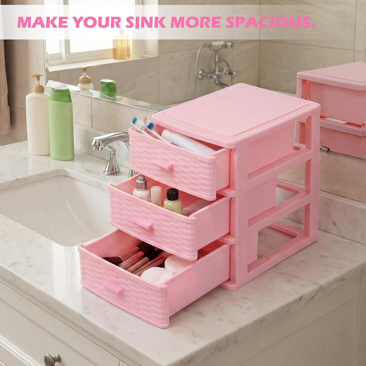 Small Storage Desk Wicker Weave Drawer, Pink