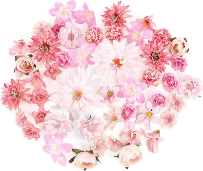 48 PCS Fake Flowers Heads - Artificial Flower Heads Bulk Silk Faux Rose DIY Flower Embellishments Blossom Wreath Bouquets for Crafts Wedding Bridal Party Baby Shower Home Decoration(Pink)