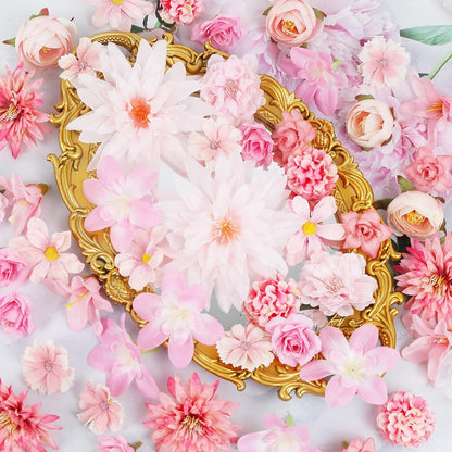 48 PCS Fake Flowers Heads - Artificial Flower Heads Bulk Silk Faux Rose DIY Flower Embellishments Blossom Wreath Bouquets for Crafts Wedding Bridal Party Baby Shower Home Decoration(Pink)