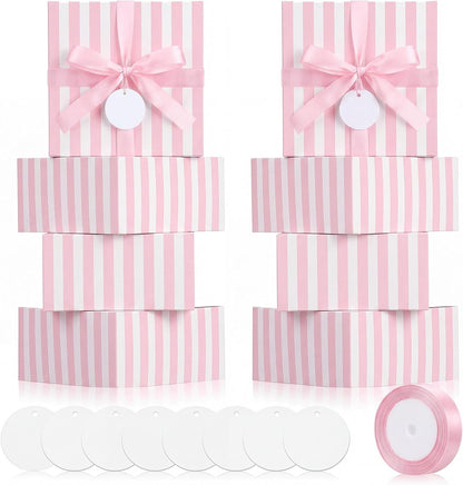 8 Set Pink White Striped Gift Boxes with Ribbon, Pink Bridesmaid Gift Boxes 8 x 8 x 4 Inch for Wedding, Bachelorette Party Supplies, Bridal Shower Baby Shower Birthday Favor