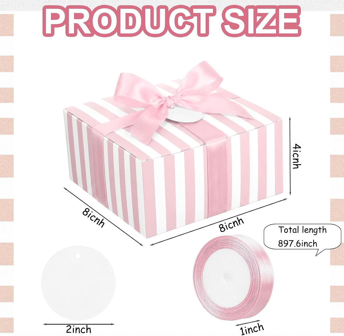 8 Set Pink White Striped Gift Boxes with Ribbon, Pink Bridesmaid Gift Boxes 8 x 8 x 4 Inch for Wedding, Bachelorette Party Supplies, Bridal Shower Baby Shower Birthday Favor