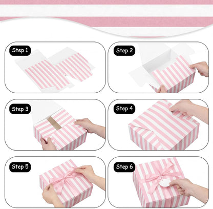 8 Set Pink White Striped Gift Boxes with Ribbon, Pink Bridesmaid Gift Boxes 8 x 8 x 4 Inch for Wedding, Bachelorette Party Supplies, Bridal Shower Baby Shower Birthday Favor