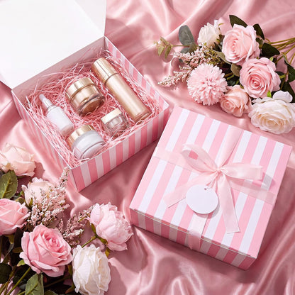8 Set Pink White Striped Gift Boxes with Ribbon, Pink Bridesmaid Gift Boxes 8 x 8 x 4 Inch for Wedding, Bachelorette Party Supplies, Bridal Shower Baby Shower Birthday Favor