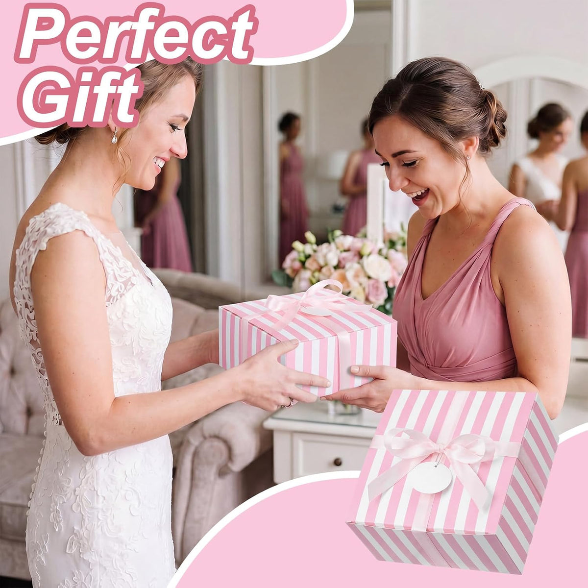 8 Set Pink White Striped Gift Boxes with Ribbon, Pink Bridesmaid Gift Boxes 8 x 8 x 4 Inch for Wedding, Bachelorette Party Supplies, Bridal Shower Baby Shower Birthday Favor
