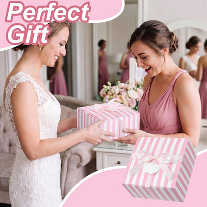 8 Set Pink White Striped Gift Boxes with Ribbon, Pink Bridesmaid Gift Boxes 8 x 8 x 4 Inch for Wedding, Bachelorette Party Supplies, Bridal Shower Baby Shower Birthday Favor