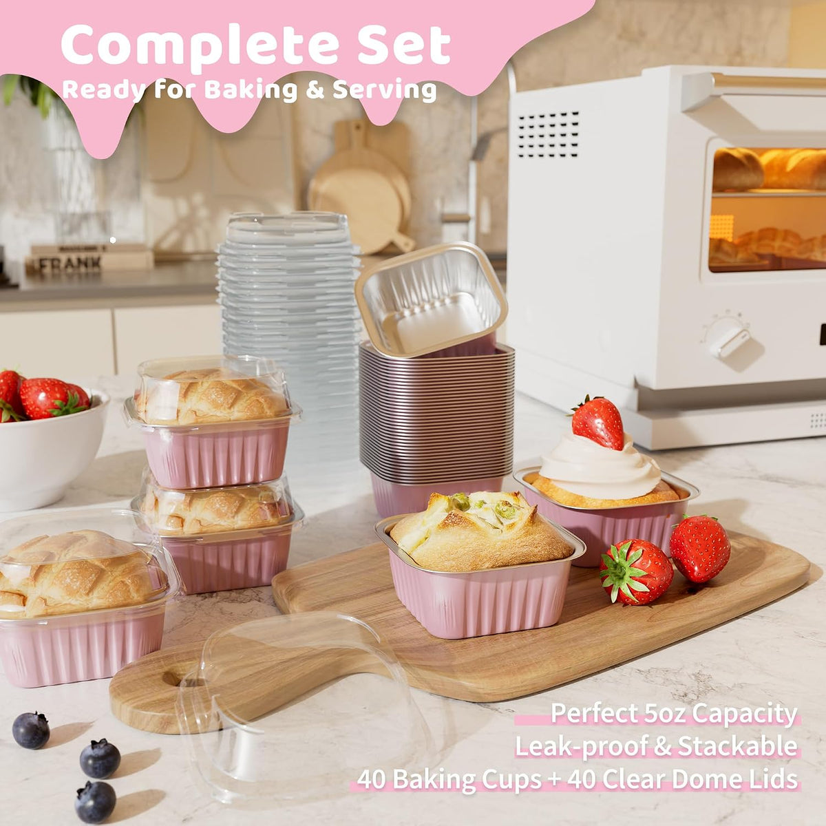 Mini Cake Pans with Lids, Aluminum Foil Cupcake Baking Cups, 5 oz 40 Pack