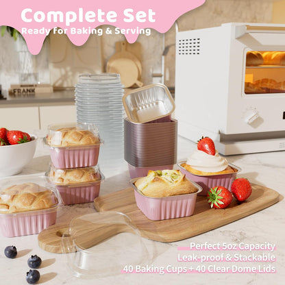 Mini Cake Pans with Lids, Aluminum Foil Cupcake Baking Cups, 5 oz 40 Pack