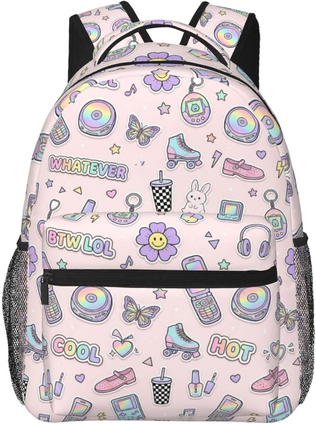 Y2K Pastel Sticker Flip Phone Roller Skate Butterfly Light Pink Seamless Pattern 15.7 Inch Large capacity laptop backpack, durable for daily use