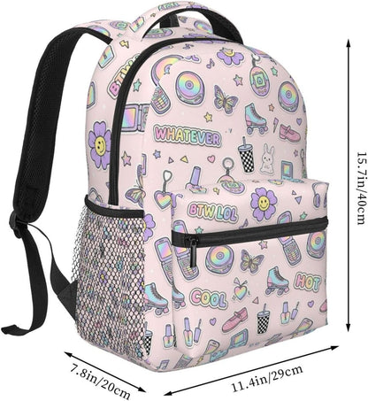 Y2K Pastel Sticker Flip Phone Roller Skate Butterfly Light Pink Seamless Pattern 15.7 Inch Large capacity laptop backpack, durable for daily use