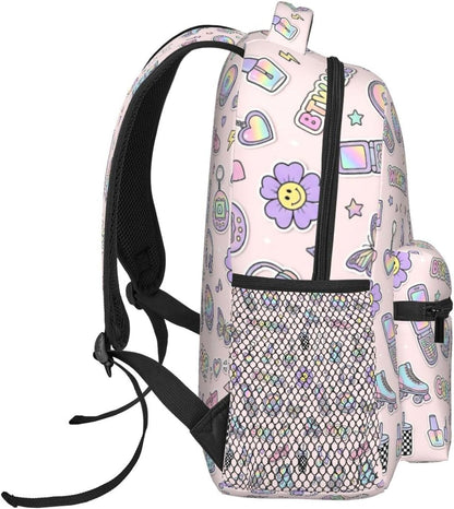 Y2K Pastel Sticker Flip Phone Roller Skate Butterfly Light Pink Seamless Pattern 15.7 Inch Large capacity laptop backpack, durable for daily use