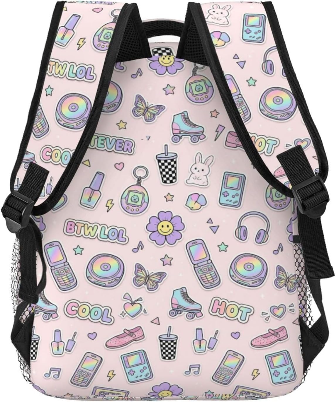 Y2K Pastel Sticker Flip Phone Roller Skate Butterfly Light Pink Seamless Pattern 15.7 Inch Large capacity laptop backpack, durable for daily use