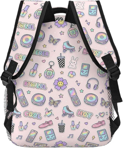 Y2K Pastel Sticker Flip Phone Roller Skate Butterfly Light Pink Seamless Pattern 15.7 Inch Large capacity laptop backpack, durable for daily use