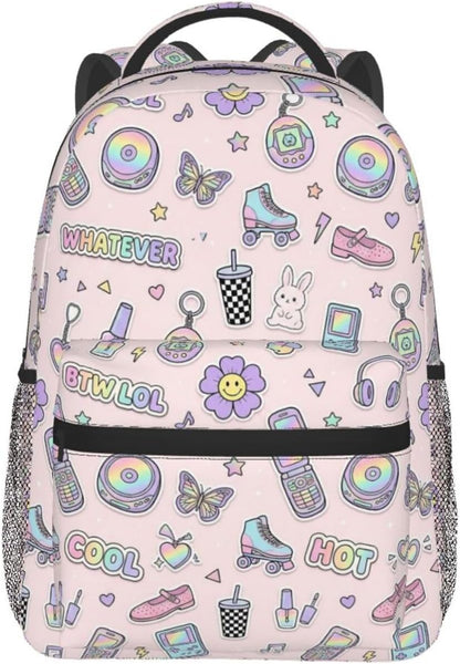 Y2K Pastel Sticker Flip Phone Roller Skate Butterfly Light Pink Seamless Pattern 15.7 Inch Large capacity laptop backpack, durable for daily use
