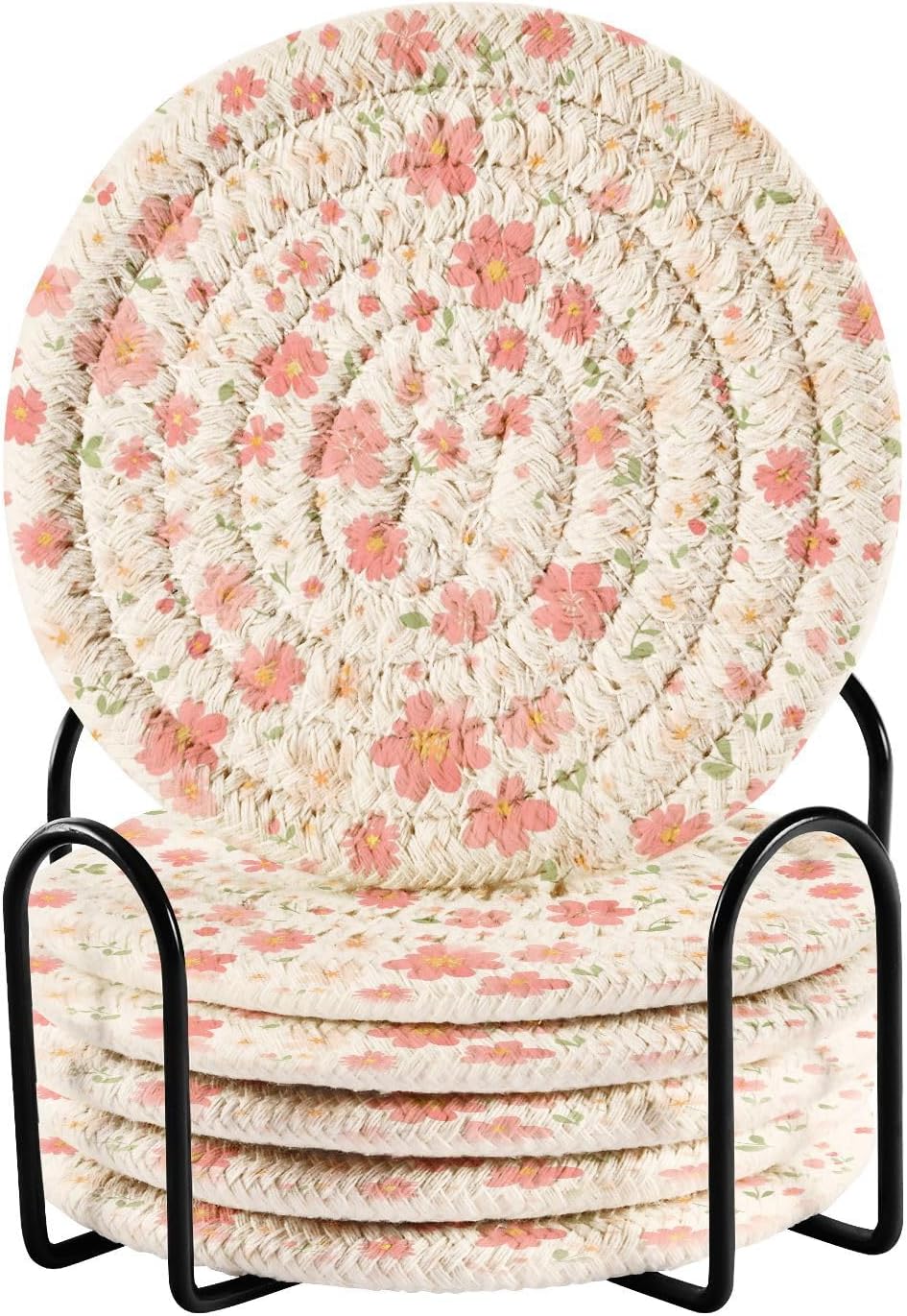 Light Pink Small Flowers Absorbent Table Coasters with Holder Set of 6 for Desk Coasters Kitchen Decor
