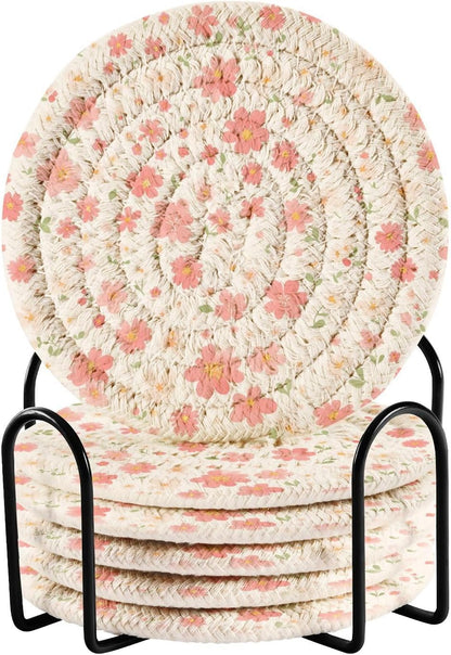 Light Pink Small Flowers Absorbent Table Coasters with Holder Set of 6 for Desk Coasters Kitchen Decor