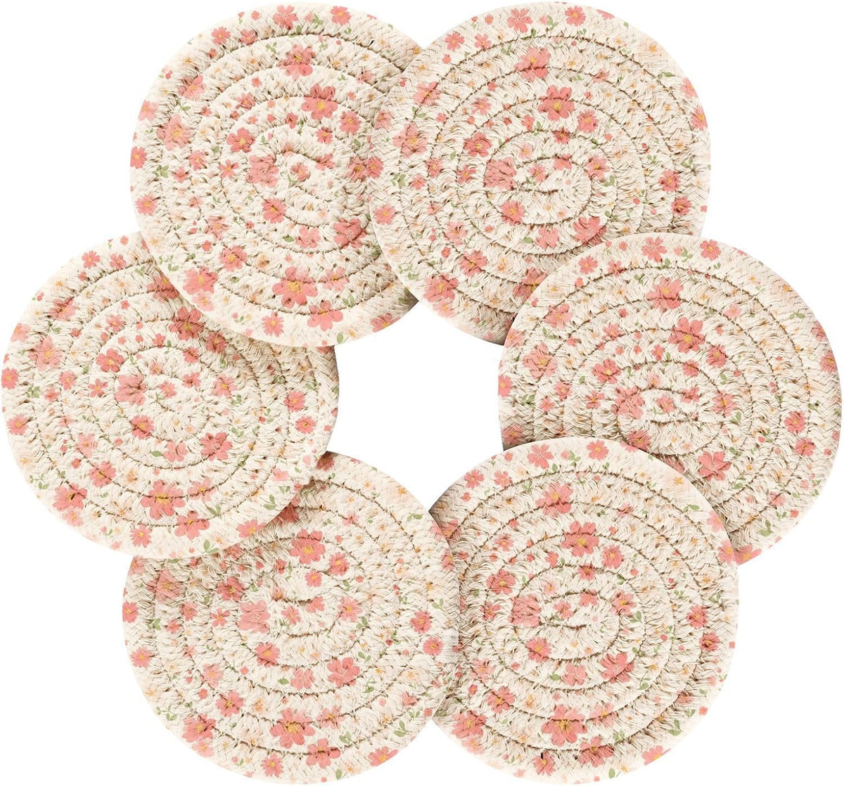 Light Pink Small Flowers Absorbent Table Coasters with Holder Set of 6 for Desk Coasters Kitchen Decor