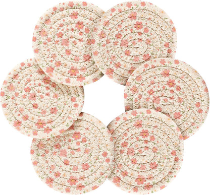 Light Pink Small Flowers Absorbent Table Coasters with Holder Set of 6 for Desk Coasters Kitchen Decor