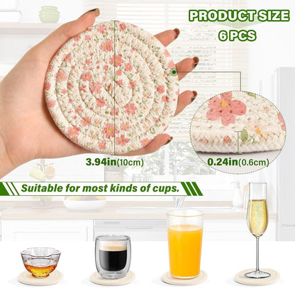 Light Pink Small Flowers Absorbent Table Coasters with Holder Set of 6 for Desk Coasters Kitchen Decor