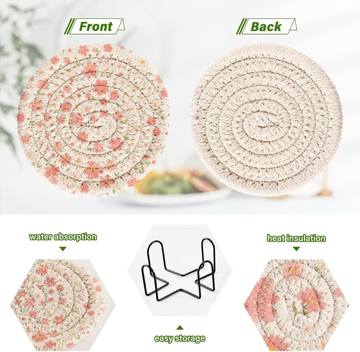 Light Pink Small Flowers Absorbent Table Coasters with Holder Set of 6 for Desk Coasters Kitchen Decor