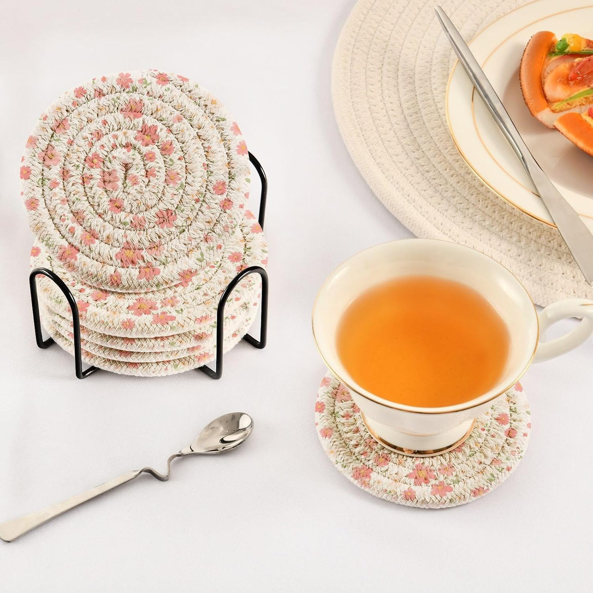 Light Pink Small Flowers Absorbent Table Coasters with Holder Set of 6 for Desk Coasters Kitchen Decor