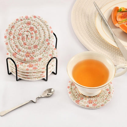 Light Pink Small Flowers Absorbent Table Coasters with Holder Set of 6 for Desk Coasters Kitchen Decor