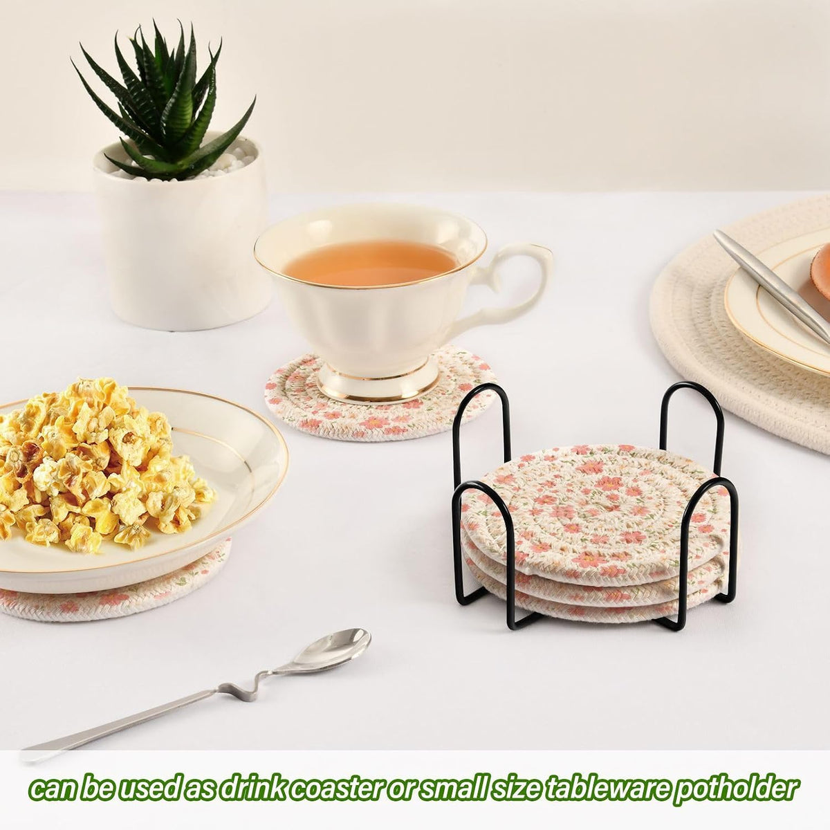 Light Pink Small Flowers Absorbent Table Coasters with Holder Set of 6 for Desk Coasters Kitchen Decor