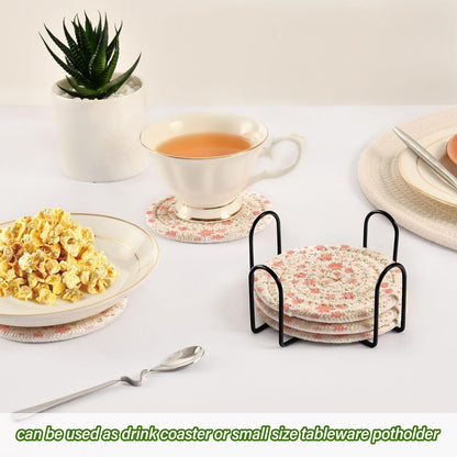Light Pink Small Flowers Absorbent Table Coasters with Holder Set of 6 for Desk Coasters Kitchen Decor