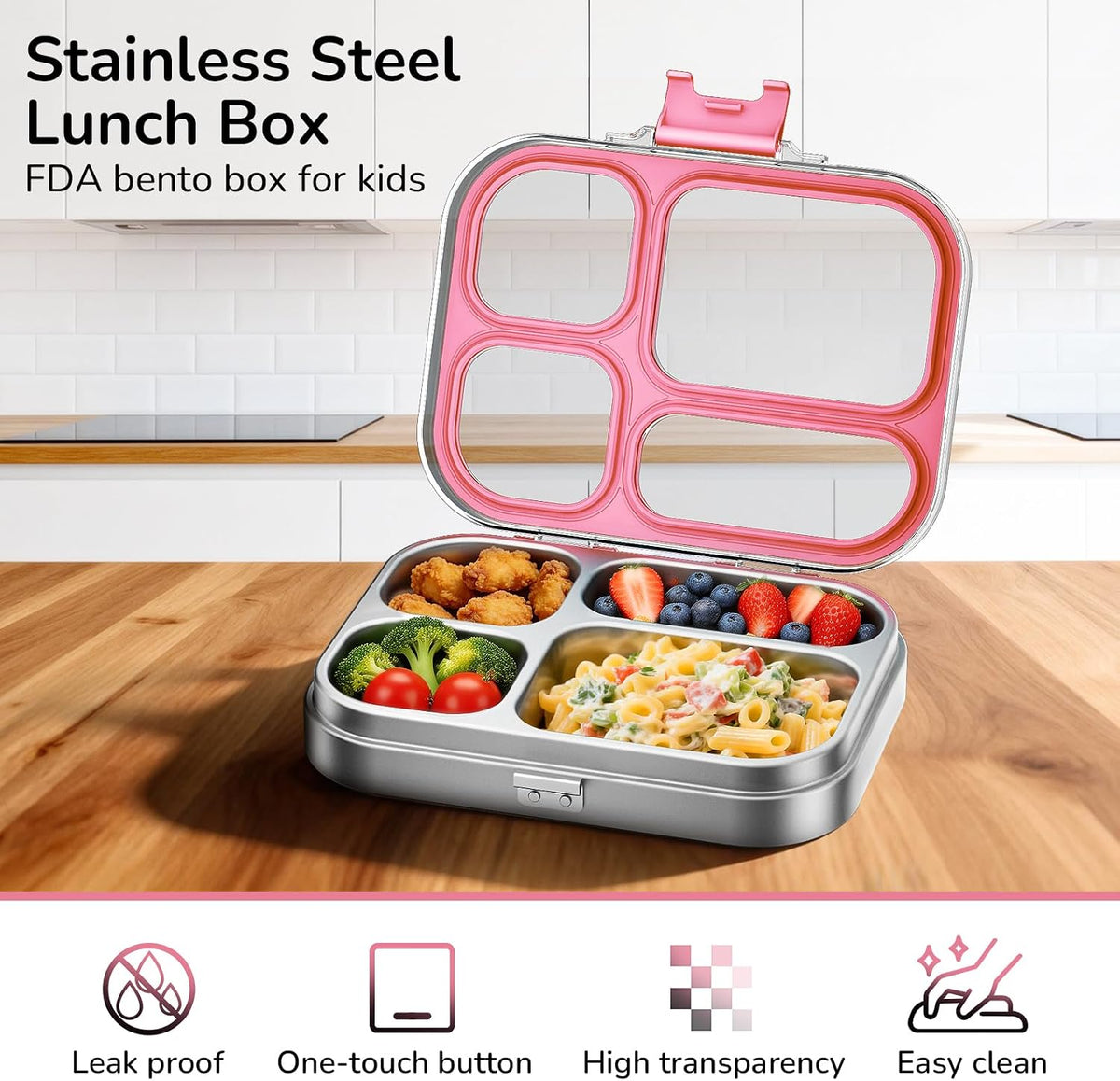 Stainless Steel Bento Lunch Box, Pink, 800 ml/27 oz